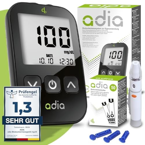 adia Blutzuckermessgerät (mg/dL Standard in DE) mit 60 Blutzuckerteststreifen, 10 Lanzetten, 1 Stechhilfe, 1 Etui - zur Selbstkontrolle des Blutzuckers