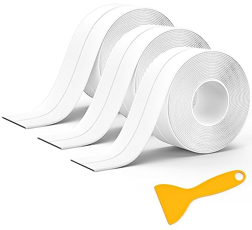 Mokani 3 Rollen Dichtungsband Selbstklebend, Dichtband Selbstklebend, PVC Dichtungsstreifen Wasserdicht Klebeband, Dichtungsband für Küche,Badezimmer, Toilette, Wandecke, Weiß (38 mm x 3,2 m)