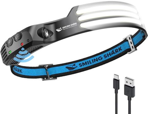 Smiling Shark Stirnlampe, 230°Wide Angle 3*LED Weiß Licht Streifen die Hellste Headlight Wiederaufladbar mit Wasserdichte Kopflampe Camping Joggen Angeln, Stirnlampe-LED-Headlight-Camping-Kopflampe
