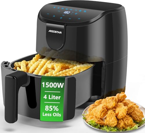 Aigostar Air Fryer 4L, Heißuftfritteuse XXL, Heissluft Fritteusen ohne Öl, 8 Menü, LED Touchscreen, 1500W, BPA-frei