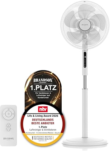 Brandson - DC Standventilator energiesparend ECO - Preisträger 2026 - sehr leise - mit Fernbedienung - Brushless Silent Motor - Oszilation 80° - Ventilator Timer – 12 Stufen
