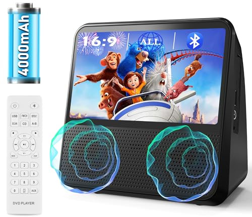 Tragbar DVD Player 9,8'' mit Bildschirm, 4000mAh Akku für Lange Roadtrips | Portbale DVD-Player Kinder, Unterstützt CD/Bluetooth/AUX/AV/USB, Timer, Sync TV, Region-Free DVD-Player mit Fernbedienung