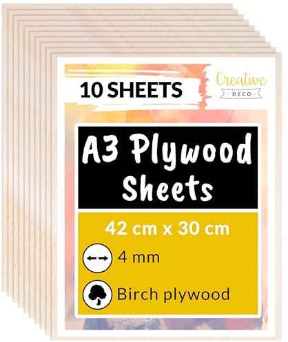 Creative Deco 10 x A3 Sperrholzplatte 4mm Birkensperrholz | 420 x 300 mm | (+/- 2) mm | Dünne Holz-Zuschnitte | Perfektes Blatt für Laubsäge, Brandmalerei, Laserschnitt, CNC Router, Durchbrochenes