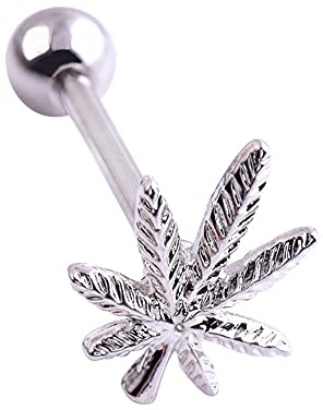 BlackAmazement 316L Edelstahl Piercing Zungenpiercing Barbell Cannabis Hanfblatt Pot Leaf Weed Silber Damen Herren