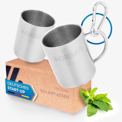 NORDMUT® Edelstahl Thermobecher [2er Set] Camping Tasse | nachhaltige Edelstahl Tasse | Kaffeetasse doppelwandig isoliert und BPA frei | Tassen Set für Camping & Outdoor [2 x 400 ml]