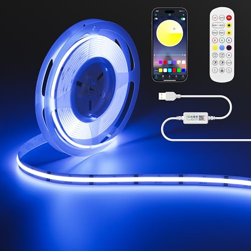 OULARA 5V USB RGB COB LED Streifen 1M mit Bluetooth Smart APP Controller,Farbwechselnde RGB Streifen Licht mit 600LEDs/M,Multicolor Flexible LED Band für TV,Schlafzimmer,Party DIY Dekoration