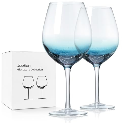 Joeyan 630ml 21oz Große Kristall Weingläser mit Blau Eisriss 2er Set | Mundgeblasene Elegante Bunt Rotweingläser mit Stiel, Farbig ästhetische Crackle Weißweinkelch, Geschenke für Weinliebhaber