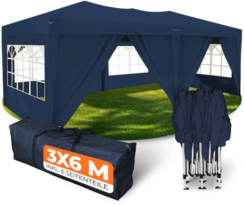 Kronenburg Faltpavillon wasserdicht Pavillon mit 6 Seitenteilen, Gartenzelt, 3x6 m - mit UV Schutz 50+, Blau