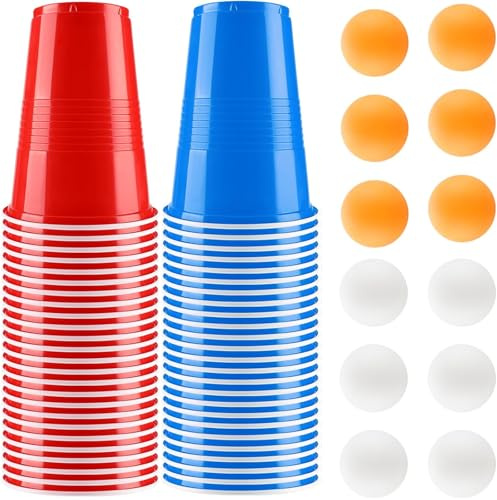Binnan Bierpong Becher Set,Beerpong Partybecher Enthält 50 Becher (500ml) und 12 Tischtennisbälle,Beer Pong Becher Set Rötliches Blau Wiederverwendbare Geeignet für Weihnachtsfeier Camping Geburtstag
