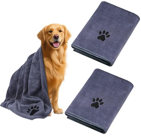 KENPOJO 2 Stück Hunde Handtuch 100 x 50 cm, Mikrofaser Hundehandtuch Extra Saugfähig, Handtuch Hund Schnelltrocknend Haustier für Katzen, Hunde Oder Andere Haustiere, Grau