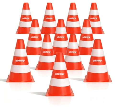 alldoro 60093 Pylonen 12er-Set für Kinder, Verkehrshütchen orange-weiß, 18 cm hoch, stapelbare Leitkegel für Slalom, Sport & Freizeit