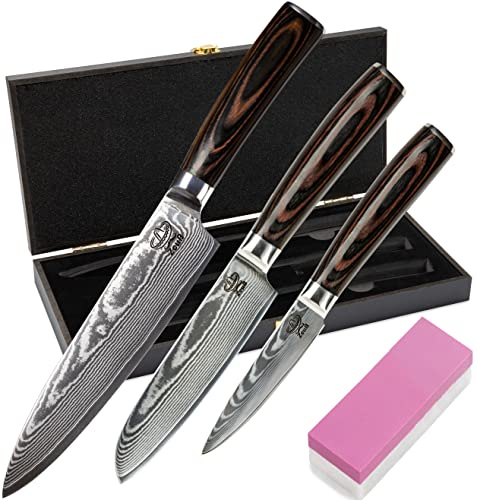 ZEUß Damastmesser Set 3er (32, 24 und 20 cm) TÜV geprüfter 62 HRC Damaststahl aus 67 Lagen I Damast Küchenmesser Set mit Chefmesser Santokumesser Schleifstein Holzgriff Klingenschutz & Geschenkbox