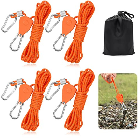 4 Stück 4mm Reflektierend Abspannseile Seil mit Seilspanner, 4M Seil Ratsche Zeltschnur Leuchtend mit Spanner Einsteller Einstellbare Nylon Outdoor für Zelt Zeltplane Sonnensegel Camping