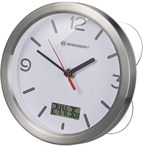 Bresser Wanduhr Mytime Thermo-/Hygro Funk Baduhr mit Thermometer und Hygrometer inklusive 4 Starker Saugnäpfe zum Aufhängen oder Aufstellen, Weiß, 17cm