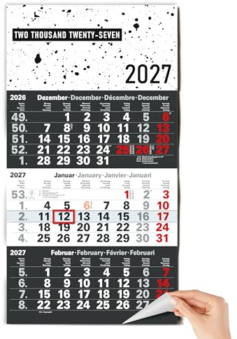 TOBJA® 3-Monatskalender 2027 Wandkalender Design Edition - Modernes Splash-Design, rotem Datumsschieber, FSC-zertifiziert | 4-sprachig DE/EN/FR/NL | 30x56 cm – Kalender für Büro & Planung