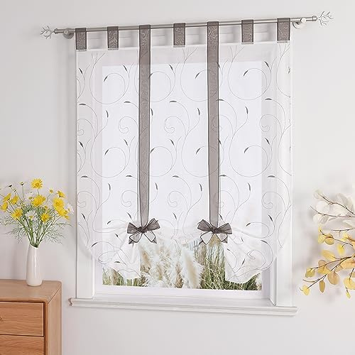 Yujiao Mao Raffrollo Voile Küche Gardine Mit Stickerei Bindegardine Mit Schlaufen Modern Raffgardine Wohnzimmer Weiß Grau BxH 120x140cm 1 Stück