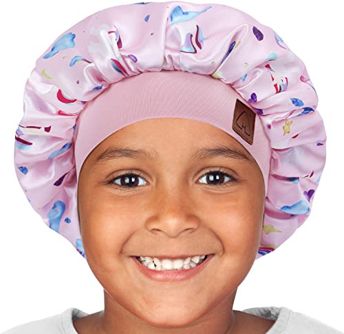 Hat Hut Kinder Seidenhaube zum Schlafen, Satin-Schlafhaube für lockiges Haar, Baby Silk Bonnet, Verstellbare Seidenhaarkappe für Mädchen Jungen (DE/NL/SE/PL, Alphanumerisch, Einheitsgröße, Einhorn 2)