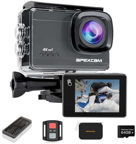 Apexcam M90 mit 64G Karte Action Cam 4K60FPS 64MP WLAN EIS Bildstabilisierung Sportkamera mit Touchscreeen Unterwasserkamera 40m Wasserdicht 8X Zoom 2.4G Fernbedienung 2x1350mAh Akkus mit Zubehör-Set