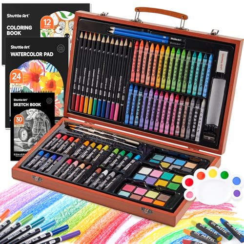 Shuttle Art 106 teiliges Malset, Deluxe Malkoffer mit Buntstift, Ölpastellkreide, Aquarellfarben, Wachsmalstifte, Malbuch, Aquarellblock, Holzkoffer, Künstlerkoffer, Malset für Kinder und Erwachsene