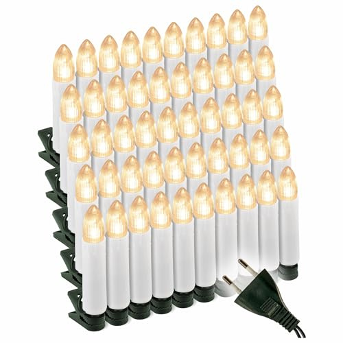 Christbaumkerzen 50 LED warmweiß grünes Kabel Weihnachtsbaum Beleuchtung | 50 LED Kerzen warmweiß, grünes Kabel, Klammerbefestigung, 8 cm Kerzenhöhe, 40 cm Lichterabstand, IP20, nur Innenraum