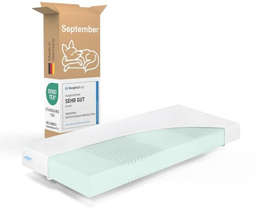 September – Matratze 7 Zonen Komfortschaum Plus 160x200 cm mit 16 cm Höhe – Komfortschaummatratze mittelfester Härtegrad H3 für Betten – Oeko-TEX® Standard 100 Zertifiziert – Bezug bei 60°C waschbar