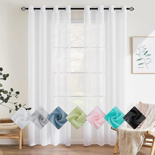 EMEMA Gardinen mit Ösen 2er Set 225cm Lang Weiß Vorhang Voile Vorhänge | Vorhang mit Ösen Transparente Polyester Ösenschal Transparent Wohnzimmer Luftig Dekoschal für Schlafzimmer B140 X H225cm
