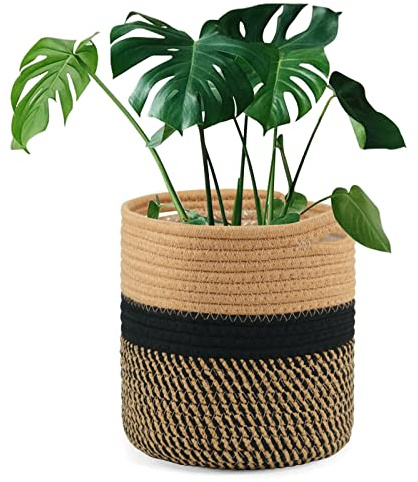 Tenn Well 20 cm Indoor-Topf für Pflanzen mit Einsatz, Baumwolle gewebter Aufbewahrungskorb große Blumentöpfe für Zimmerpflanzen, Blumentopf, Wäsche-Organizer und Heimdekoration (Schwarz und Braun)