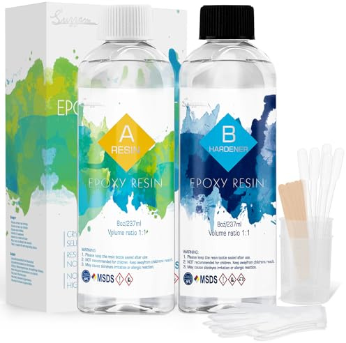 Suzzam Epoxidharz Set 474ml/16oz Epoxidharz mit Härter 1: 1 Verhältnis Glasklar Gießharz mit Handschuh, Messbecher, Holzstäbchen, Pipetten Harz Gießen Set für Holz, Schmuckherstellung