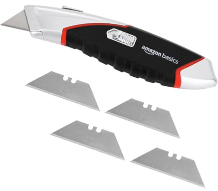 Amazon Basics robustes, einziehbares, ergonomisches Allzweckmesser mit automatischer Ladefunktion, 3-Positionen-Feststellklinge mit insgesamt 5 Klingen, Schwarz/Silberfarben