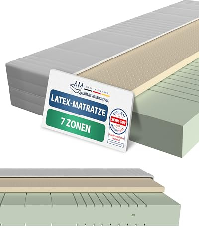 AM Qualitätsmatratzen 7 Zonen Latex Matratze 90x200 H3 - Made in Germany - Oeko TEX zertifizierte Naturlatex Matratze 90x200-20 cm Hoch - Hybridmatratze mit 4cm Latexauflage