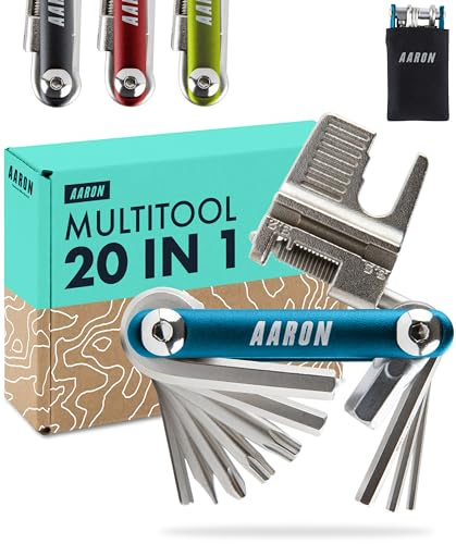 AARON Tool 20 in 1 Multitool - Fahrrad Multifunktionswerkzeug aus rostfreiem Stahl/Aluminium - faltbares Mini Fahrradwerkzeug mit vielen Funktionen - praktisches Bike Tool in Blau