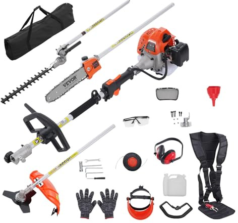 VEVOR 26CC 5-in-1 Multifunktions-Heckentrimmer, Benzin-Heckenschere, Unkrautvernichter, Fadentrimmer, Kantenschneider, Hochentaster, Kettensäge, Gartenschere mit Verlängerungsstange