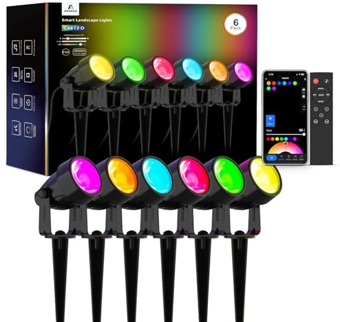 APPECK Gartenstrahler 6 Stück, WiFi Smart Gartenbeleuchtung mit Strom RGBW | Farbe ändernde Gartenspots Außen LED Wasserdicht nach IP65, mit Alexa/Google Assistant, für Patio Garten Einfahrt Gehweg