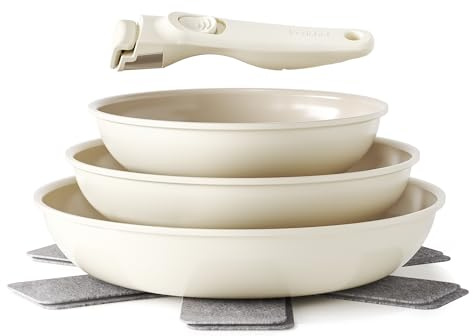 Redchef Pfannenset mit Abnehmbarer Griff, Pfanne Induktion, Keramikpfanne mit Antihaftbeschichtung, 6-Teiliges 20, 24, 28 cm Platzsparend Keramik Pfannen, PTFE-, PFOA- und PFAS-frei, Beige