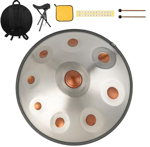 Handpan instrument 440 hz d-Moll 22 Zoll Hand Pan Stahltrommel hand drum 9 Notas 10 Notas 12 Notas Premium-Stahlzungentrommel für Meditation und Entspannung (Huangjinyan, 9yin)