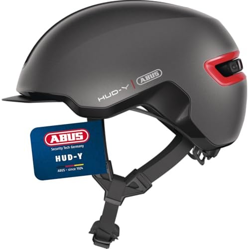 ABUS Urban Helm HUD-Y - mit magnetischem, aufladbarem LED-Rücklicht & Magnetverschluss - cooler Fahrradhelm für den Alltag - für Damen und Herren - Titan/Rot Matt, Größe M