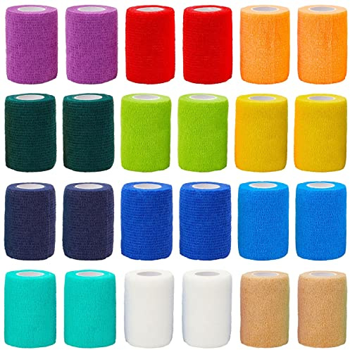 Selbsthaftende Bandage von Juvale (24 Rollen) - Für Erste Hilfe, Sportverletzungen - Luftdurchlässig - Zur Unterstützung von Muskeln, Bändern, Gelenken - 12 Farben - Je 7,6 cm x 5 Meter