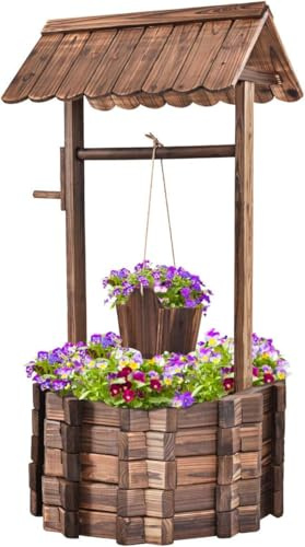 FANTASK 56x56x114cm Holzbrunnen mit Dach Wunschbrunnen, Garten Dekoration, Blumenkübel Dekobrunnen Blumentopf, Braun