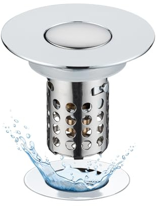 Abflusssieb Waschbecken, Pop Up 3 in 1 Abflussstopfen mit Sieb und Abnehmbarem Edelstahl Filterkorb Stöpsel Waschbecken, Waschbeckenstöpsel für 28–58 mm Waschbecken, Messing Kugelkern, Chrom