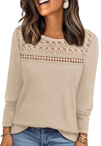 WIHOLL Damen-Pullover, langärmelig, Spitzenbluse, trendiger Waffelstrickpullover, elegant, leger