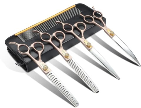 JASON Profi Hundeschere Set 6 in 1 Fellschere für Hunde Set - 7 Zoll Gerade/Gebogene/Chunker Ausdünnung Schere mit ergonomischen Griff, Roségold