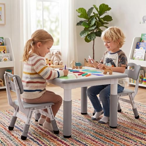 Kindertisch mit 2 Stühlen, Kindersitzgruppe Höhenverstellbar Packung, Tisch Stuhl Set für Kinderzimmer, Plastik Kindermöbel, Sitzgruppe für Jungen Mädchen ab 3 Jahre (Grau, Quadratischen Tisch)