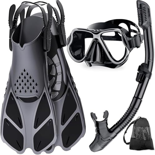 Zenoplige Schnorchelset Erwachsene 3-in-1 Dry Top Tauchmaske Glas | 180° Panorama-Sicht, Anti-Beschlag-Beschichtung, verstellbare Flossen, Überlaufventil, ergonomische Passform, Tragetasche