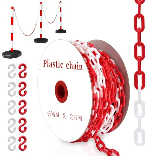 YUJUVI Absperrkette Kunststoffkette 25M Warnkette 6mm Plastikkette Kunststoff kette mit 10 Karabinern für Barrieren in Auffahrten zum Absperren von Flächen Gut Sichtbar (Rote Weiße, 25M)