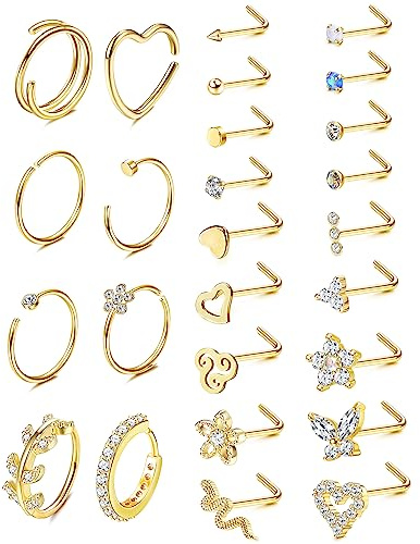 Adramata 26Pcs 20G Nasenpiercing Edelstahl Nasenring Piercing | Nasenstecker,Schmetterling Schlangen Nostril Piercing Set,Nasenstecker,Nasenpiercing für Damen Herren