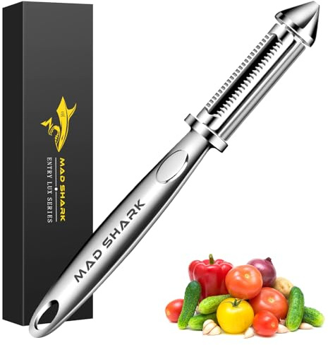 MAD SHARK Gemüseschäler & Multischäler als Sparschäler, Kartoffelschäler, Apfelschäler, 2-in-1 Edelstahl mit Flach & Zickzack Klinge, rutschfester Griff spülmaschinenfest (Silbrig)