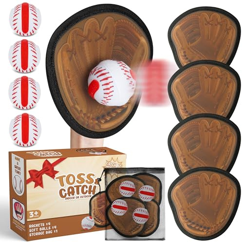 GROBRO7 Baseball Klettballspiel für Kinder, Outdoor Ballspiel-Set | 4 Baseball-Handschuh-Paddel & 4 Klettbälle für Jungen Mädchen Familienaktivität, Training Motorik & Koordination
