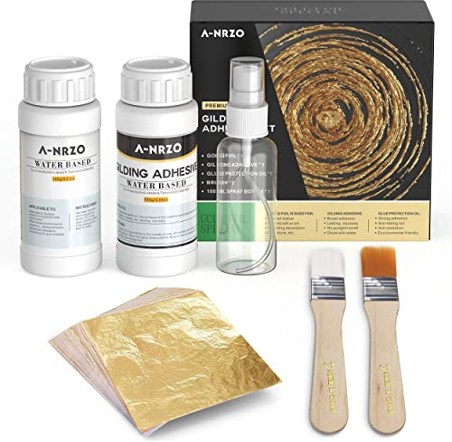 Blattgold Folien Set für Kunst und Handwerk 100 Stück Imitationsblattgold Wasserbasierter Vergoldungskleber und Schutzlack Inklusive Pinsel und Sprühflasche Vielseitig für Dekoration und Restaurierung
