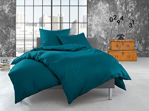 Bettwaesche-mit-Stil warme Fein Flanell Winter Bettwäsche Petrol blau Uni/einfarbig 135x200 + 80x80 cm - 100% Baumwolle