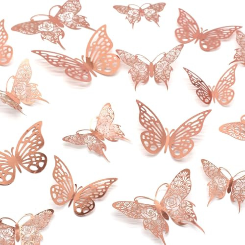 HDKAJL 3D Schmetterlinge Deko - 72 Stück abnehmbarer Dekosticker, 2 Designs in 3 Größen für DIY-Heim- und Raumdekoration (Roségold)